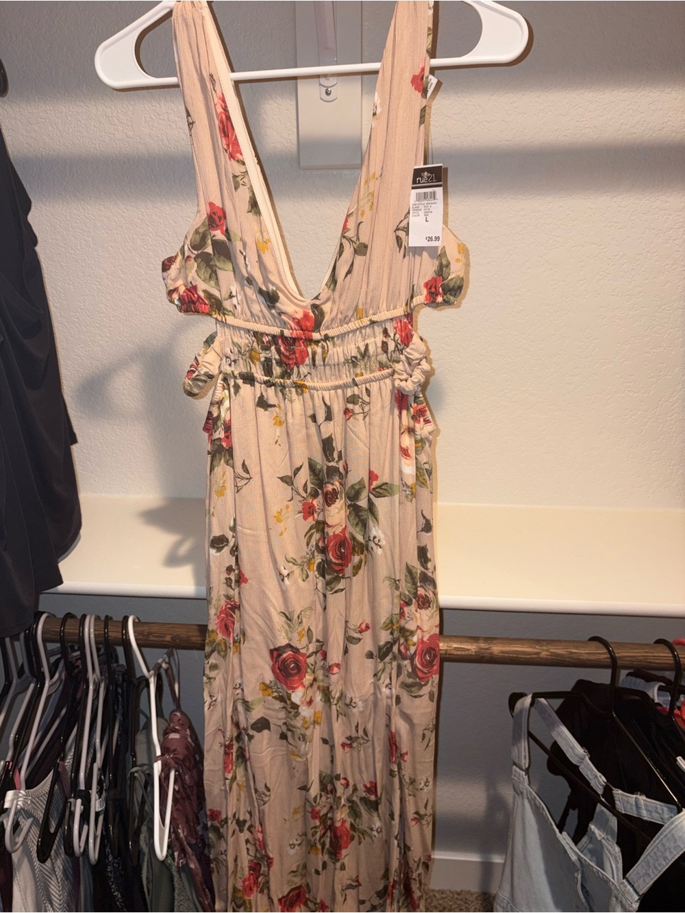 Rue21 Floral V-Neck Maxi Dress in Beige with Red Roses